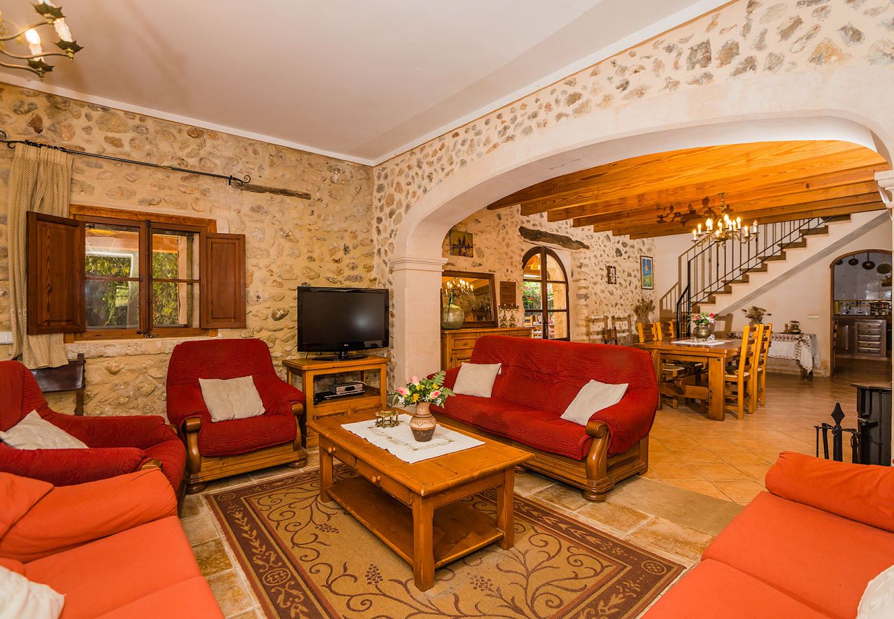 Living room with natural stone walls